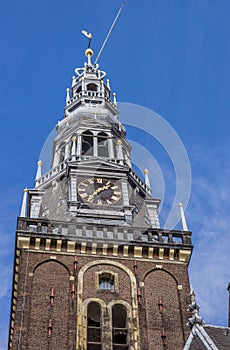 Tower of the old church in the center of Amsterdam