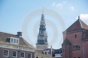 Tower of the old church in the center of Amsterdam, Netherlands