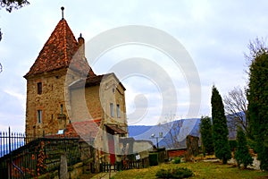 Tower of the old medieval saxon lutheran church in Sighisoara, Transylvania, Romania