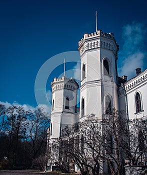 The tower of the old palace in neo-gothic style. Sugar Palace in Kharkov region, Ukraine.