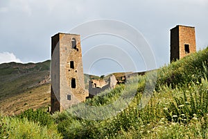 Tower of old village Goor in Dagestan, Russia. Panoramic view of the ancient Goor settlement