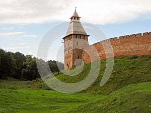 The tower and part of the walls of the ancient Kremlin in Veliky Novgorod