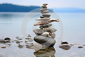 a tower of pebbles balancing precariously on a driftwood log