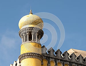 Tower, The Pena Palace, a Romanticist Castle in Sao Pedro de Penaferim, in the municipality of Sintra, on the Portuguese Riviera.