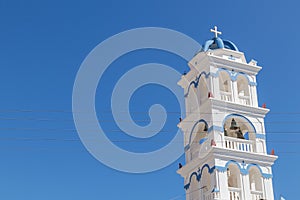 Tower of Perissa church, Santorini. Greece.