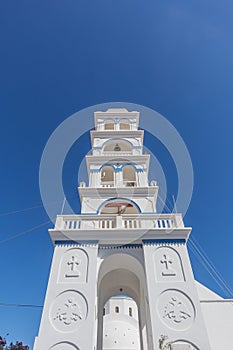 Tower of Perissa church, Santorini. Greece.