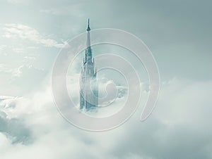 Tower piercing through clouds in a dramatic expression of futuristic architecture and sky-high aspirations