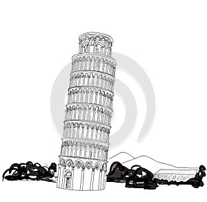 Tower of Pisa with landscape hand drawn illustration. Leaning Tower of Pisa, world heritage in Pisa, Tuscany, Italy