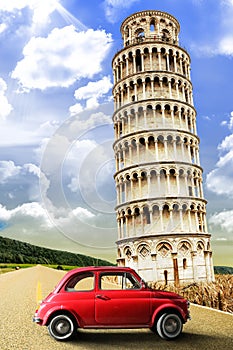 Tower of Pisa and the old vintage red car. Italy retrÃÂ² scene photo