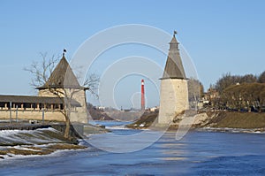 Tower of the Pskov Kremlin in winter evening