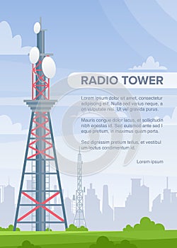 Tower radio flat vector poster template. Telecommunication and broadcasting wireless technology informational banner