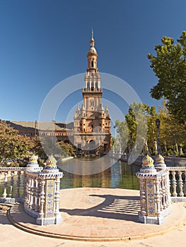 Tower reflected in the water of the Plaza de EspaÃ±a