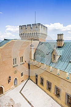 Tower and roof of the historic castle in Bojnice