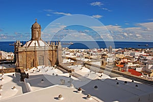 Tower rooftop view at Las Palmas de Gran Canaria Cathedral overlooking Atlantic Ocean, Canary Islands, Spain