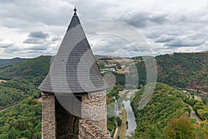 Tower ruin medieval castle Bourscheid in Luxembourg