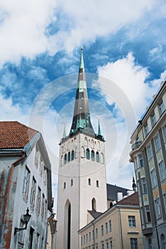 A tower of Saint Olaf`s Church in the center of Tallinn Old town