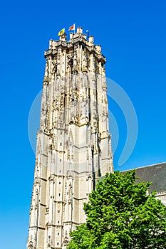 The tower of Saint Rumbold`s Cathedral  in Mechelen, Belgium