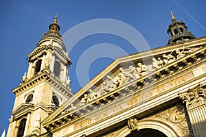 Tower of Saint Stephen`s Basilica in Budapest, Hungary.