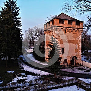 Tower in sanatorium park with palace in Nemyriv, Vinnytsya region, Ukraine