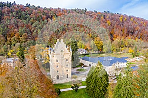 Tower of Schoenfels Castle, Mersch, Kopstal, Mamer or Valley of the Seven Castles in central Luxembourg. Fall in Luxembourg