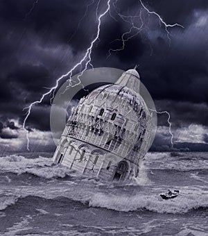 Tower sinking in flood and storm photo