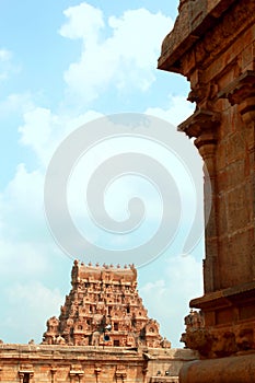 A tower with sky in the ancient Brihadisvara Temple in Thanjavur, india.