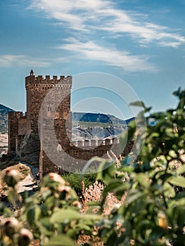 Tower of Soldaia Castle - medieval Genoese fortress, guarded city from attacks, popular scenic attraction in Crimea
