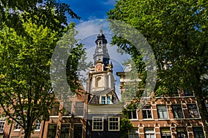 Tower of the Southern Church `Zuiderkerk` in Amsterdam, Netherlands