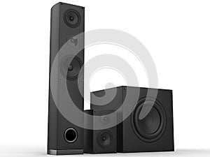 Tower speaker, mid range speaker and a sub woofer loudspeaker - side view