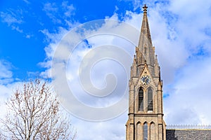 Tower with the spire of the cathedral in Prague with copy space