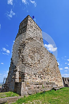 Tower of spur castle ruin called Wachtenburg in city Wachenheim,