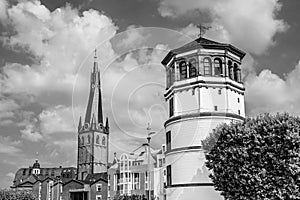 The tower of St. Lambertus basilica and Schlossturm, the palace tower,  the only remnant of the Dusseldorf castle in Burgplatz,