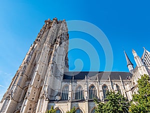 Tower of St. Rumbold`s Cathedral in Brabantine Gothic style in the historic center of Mechelen