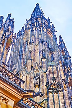 The tower of St Vitus Cathedral, Prague Castle, Hradcany, Czech Republic