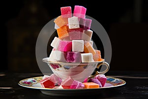 tower of sugar cubes on a vibrant teacup saucer