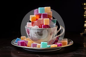 tower of sugar cubes on a vibrant teacup saucer