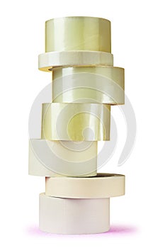 Tower of tape self adhesive bopp on white background.