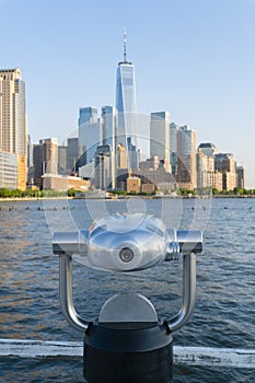 Tower telescope facing Manhattan skyline in New York City