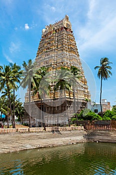 Tower and temple tank of Indian Dravidian Temple