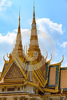 Tower of Throne Hall, Royal Palace, Phnom Penh, Cambodia. Tower with extraordinary faces, Throne Hall of King of Cambodia.