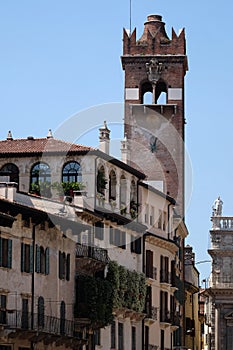 Tower Torre del Gardello near Palazzo Maffei on Piazza delle Erbe square in Verona