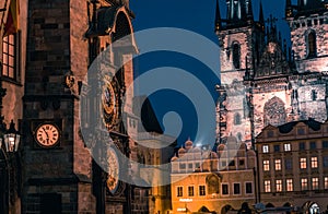 Tower of town hall with astronomical clock - orloj in Prague during the night, Czech Republic