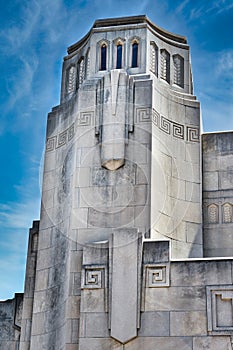 Tower of the Tulsa Union Railroad Station drenched in the art deco building design, 1931