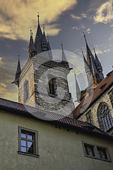 Tower of Tyn Church in Old Town, Prague, Czech Republic