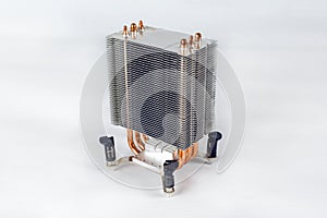 Tower-type cpu cooler with copper heatpipes on white background