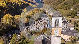 Tower Village Lavertezzo Valley Verzasca Ticino Switzerland Aerial 4k