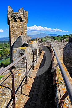 Tower and wall of Montalcino Fortress in Val d`Orcia, Tuscany, I