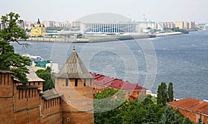 Tower and wall of the Nizhny Novgorod Kremlin and a view of the confluence of two rivers Volga and Oka