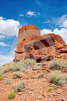 A view looking up at the tower of the Wukoki Pueblo ruins in Wupatki National Monument, Arizona