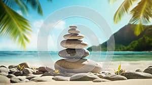 tower of zen stones on tropical beach AI generated